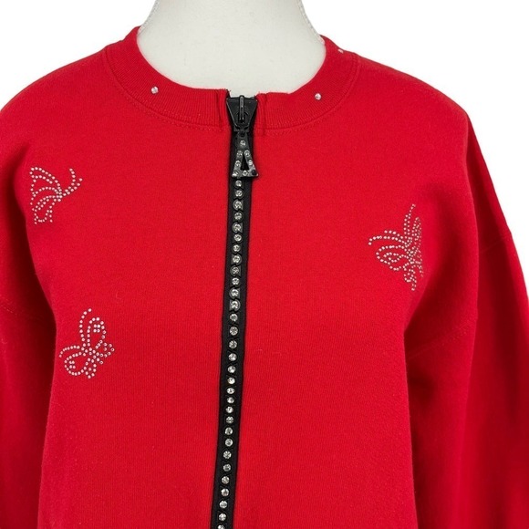 Vintage 90’s Cactus Sweatshirt Rhinestone Butterflies Full Zip Red Large - Picture 2 of 11